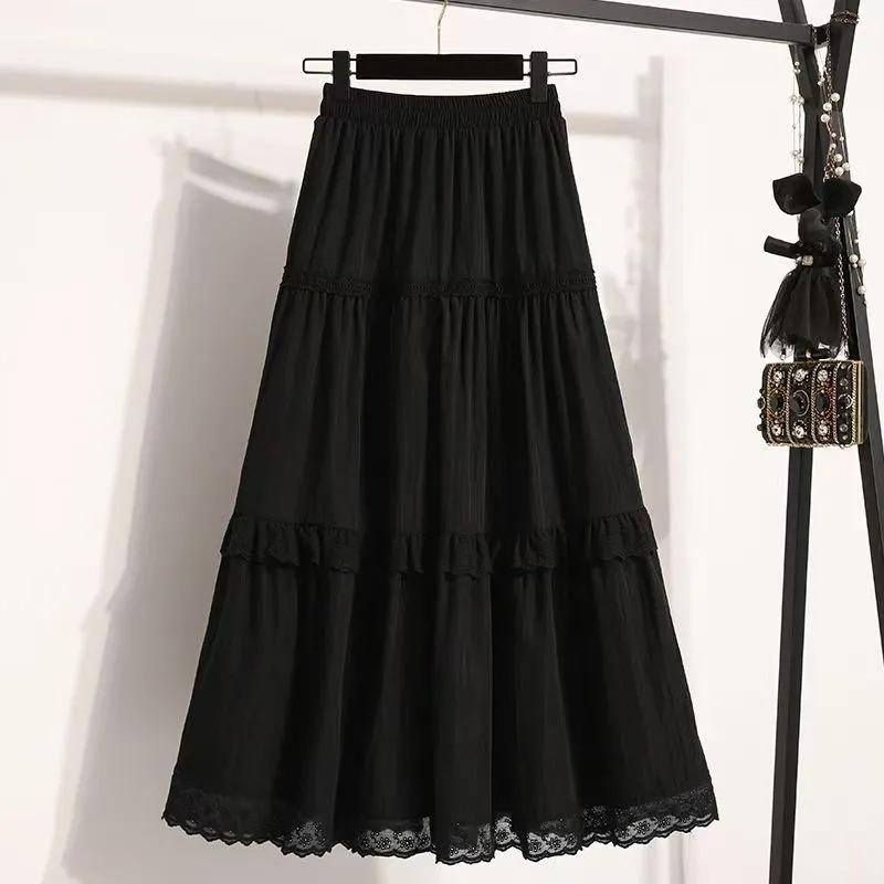 Women White Lace Tiered Midi Skirt Elastic Waist Flowy A Line Skirt With Lining