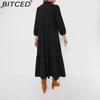 BITCED Women's Fashion Spring Autumn Solid Color Print Long Sleeve POLO Neck High Waist Casual Dresses