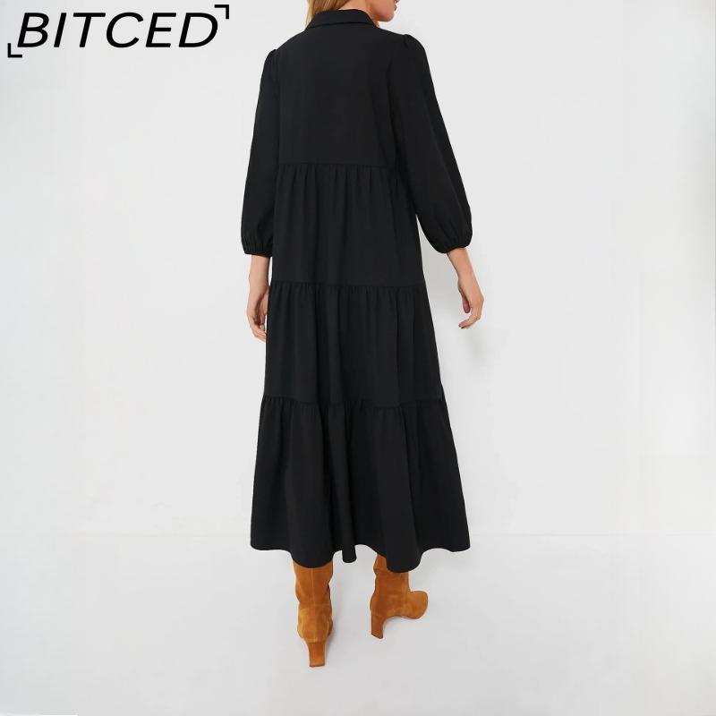 BITCED Women's Fashion Spring Autumn Solid Color Print Long Sleeve POLO Neck High Waist Casual Dresses