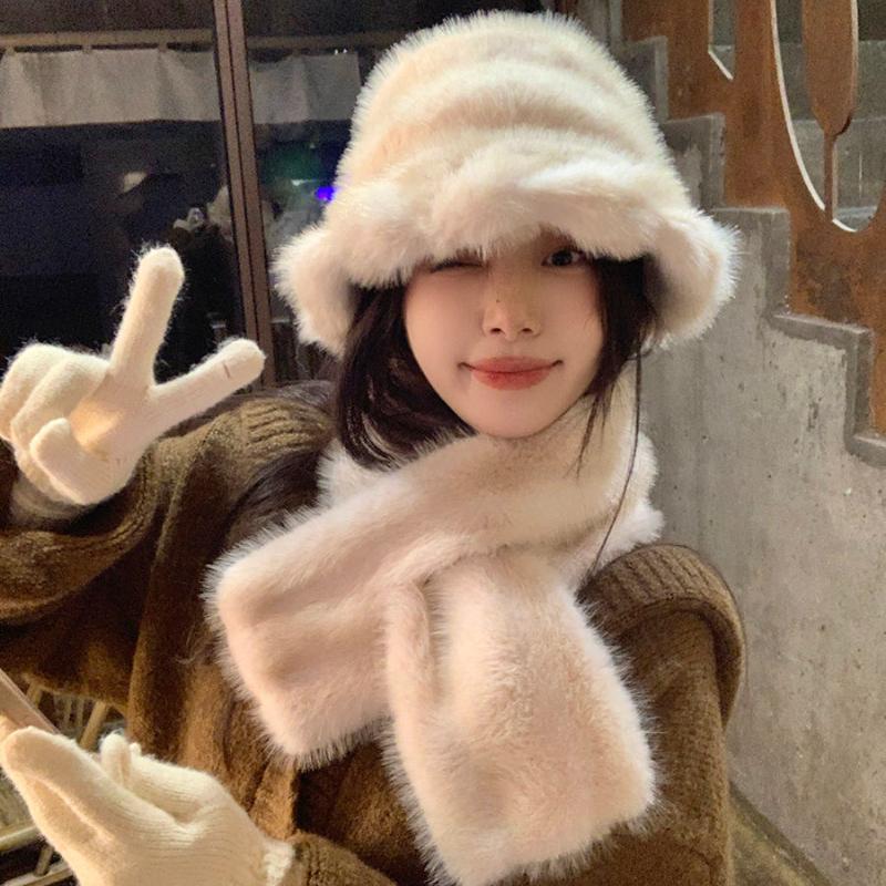 Women's Winter Plush Hat and Neck Warmer Two-Piece Fuzzy Faux Mink Fur Versatile Thickened Cold Proof Warm