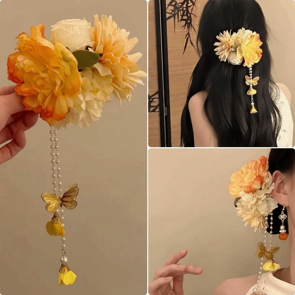 Elegant Design Flower Hairpin Pink Floral Headdress Tassel Hanfu Hair Accessories  Party Wear