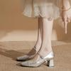 Silver Mary Jane High Heels: Women's Square Toe Retro Chunky Heel One-Strap Shoes for Spring and Autumn.