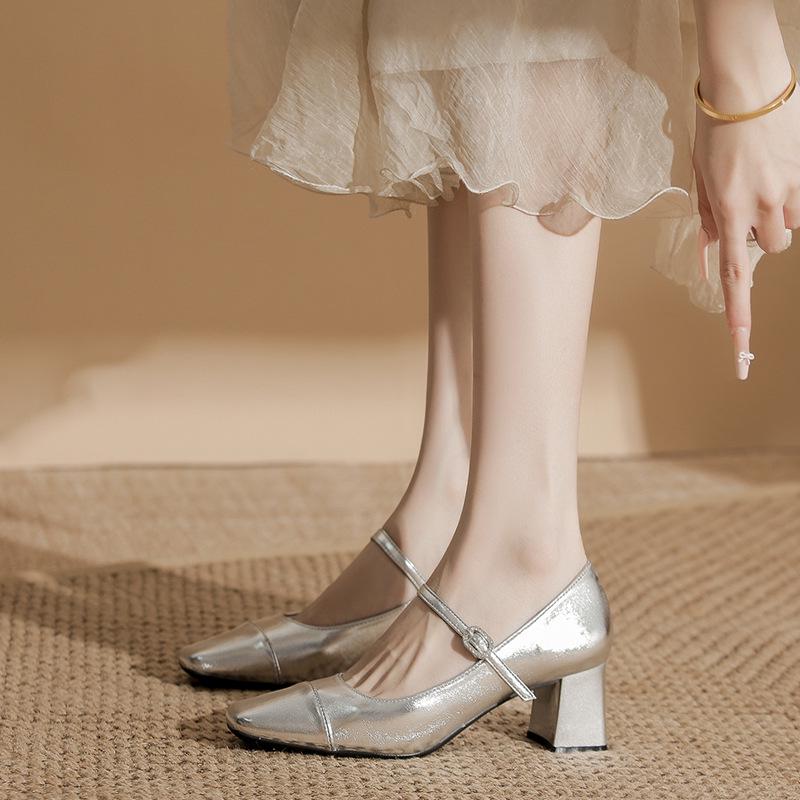 Silver Mary Jane High Heels: Women's Square Toe Retro Chunky Heel One-Strap Shoes for Spring and Autumn.