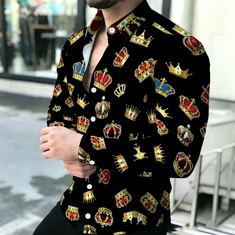 Men's Shirt Personalized Printed Long Sleeve Shirt Black Brown Contrasting Design Sense Shirt Street Trendy Men's Wear