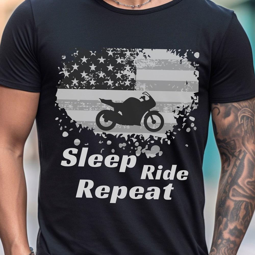 Motorcycle T-Shirt: Sleep Ride Repeat, American Flag Biker Gift XXL