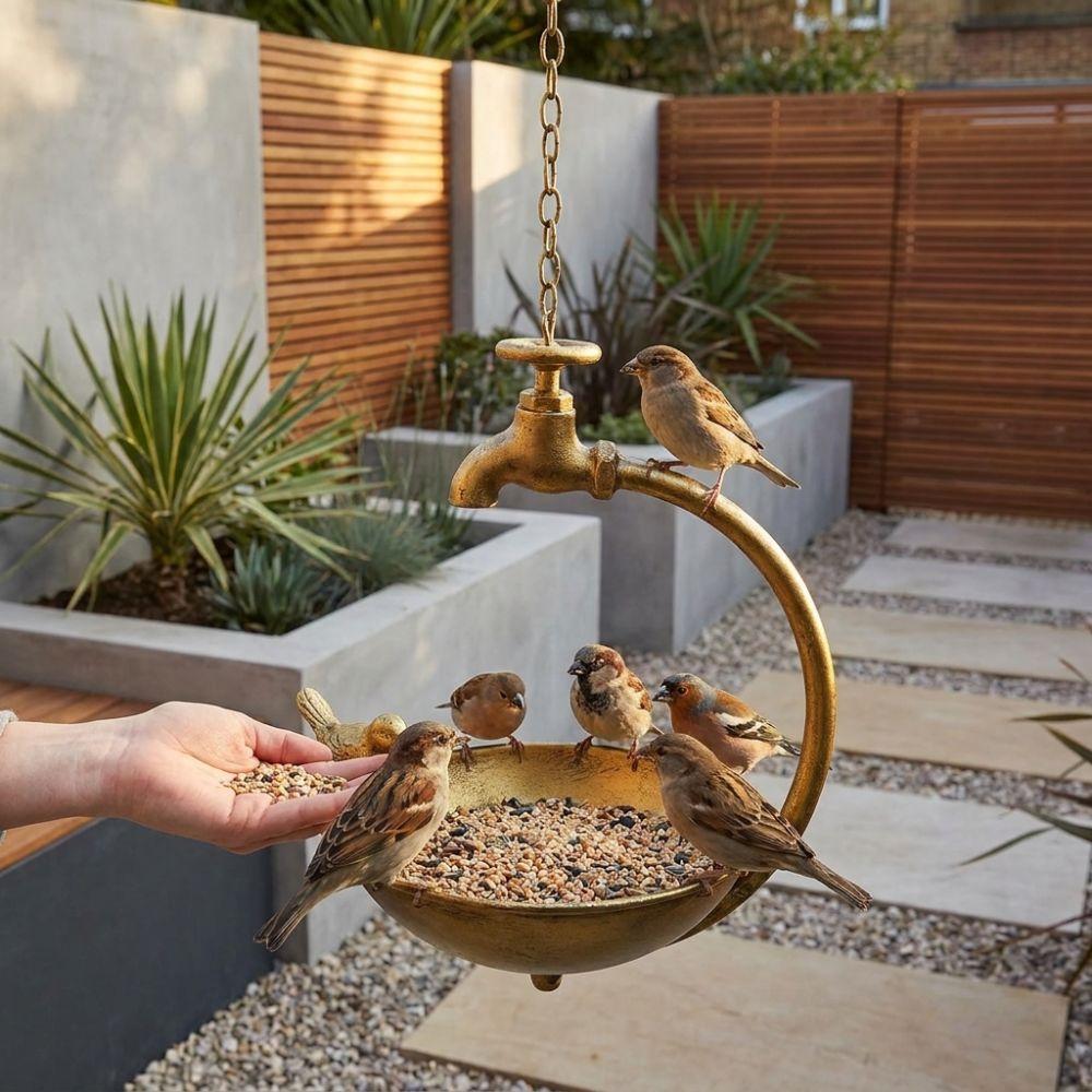 Faucet Design Metal Bird Bath Handcrafted Iron Feeding Station Yard Art Hanging Bird Feeder  Fence
