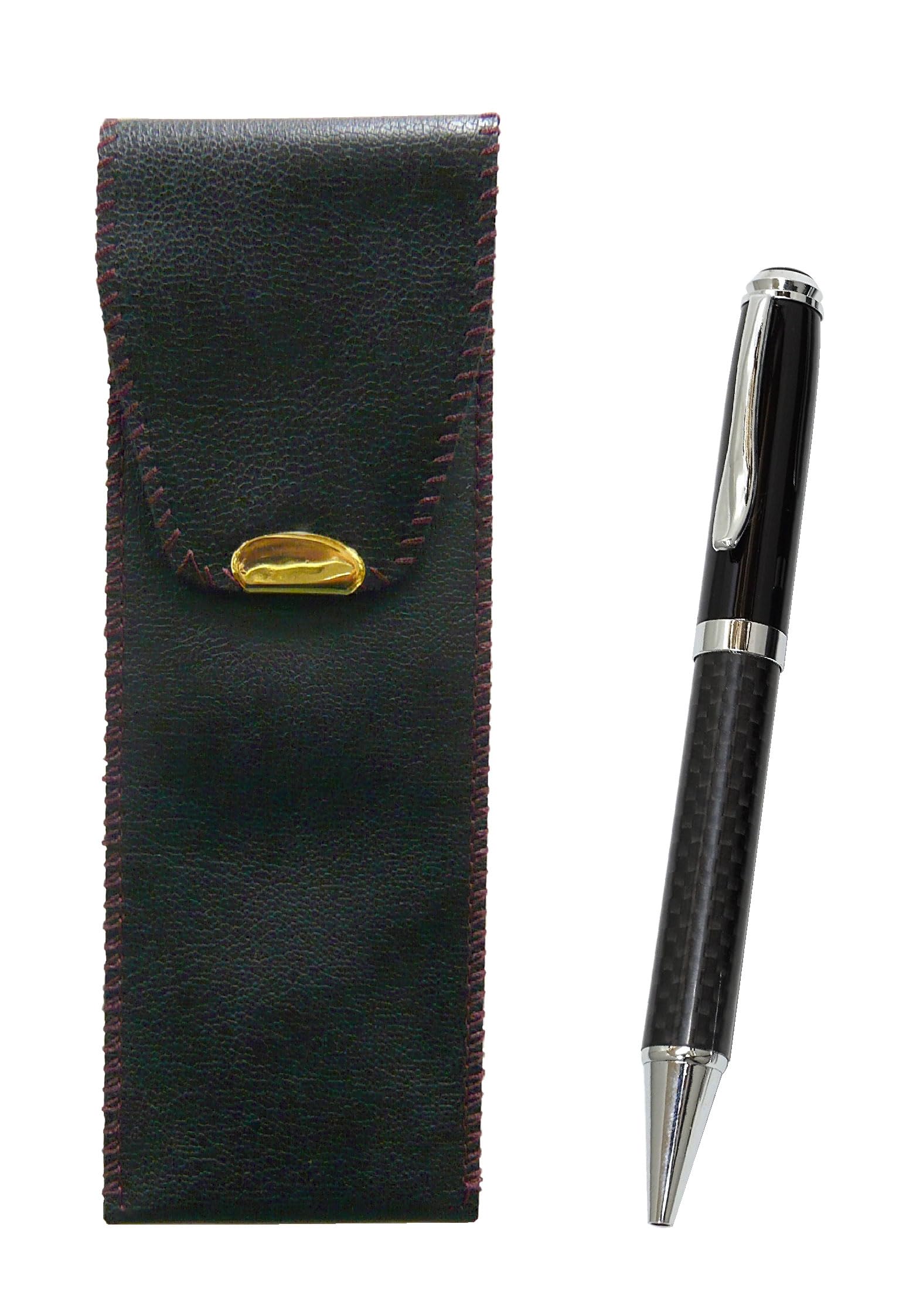 

Red Stitched Synthetic Leather Pen Case with Carbon Fiber Rotating Ballpoint Pen Set (T23-RBR-PD01)