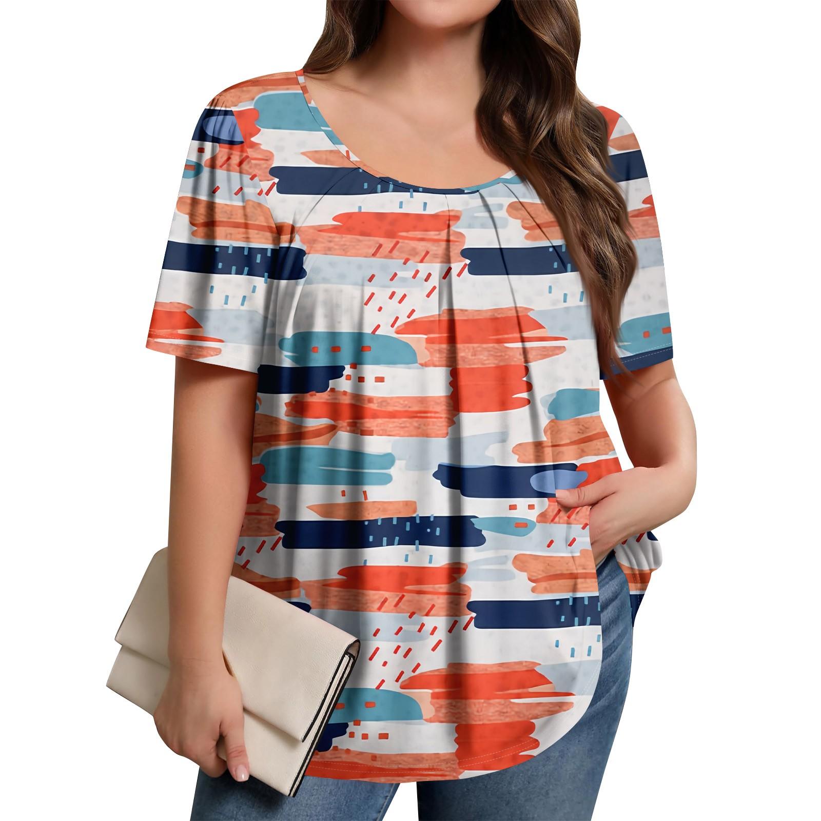 

Плюс Размер Женский Повседневный Круглый Вырез Плиссированный Короткий Рукав Однотонный Топ L