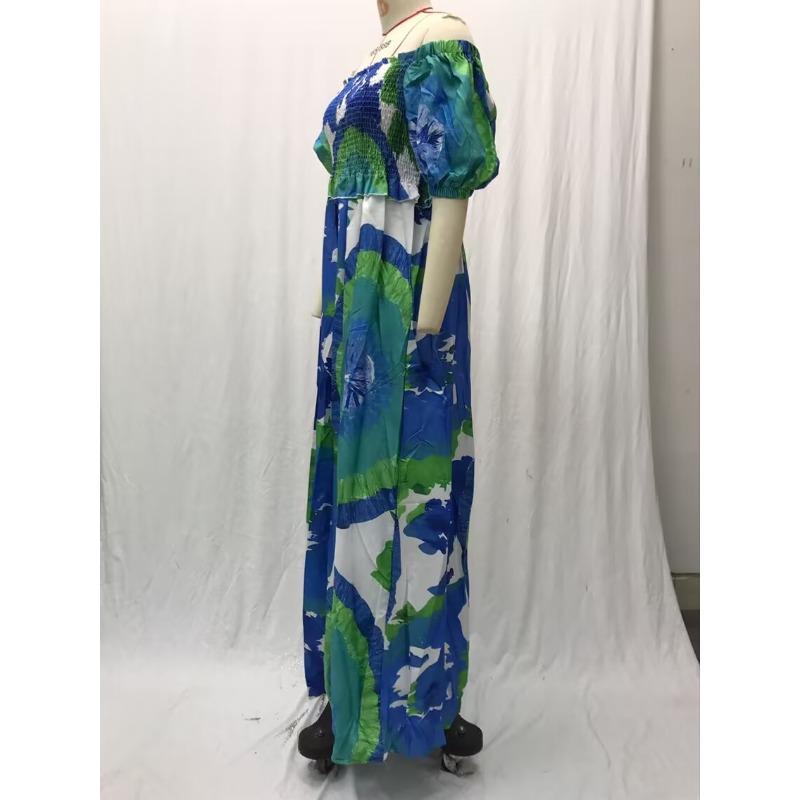 Women's Summer Bubble Sleeve Digital Printed Loose Long Dresses