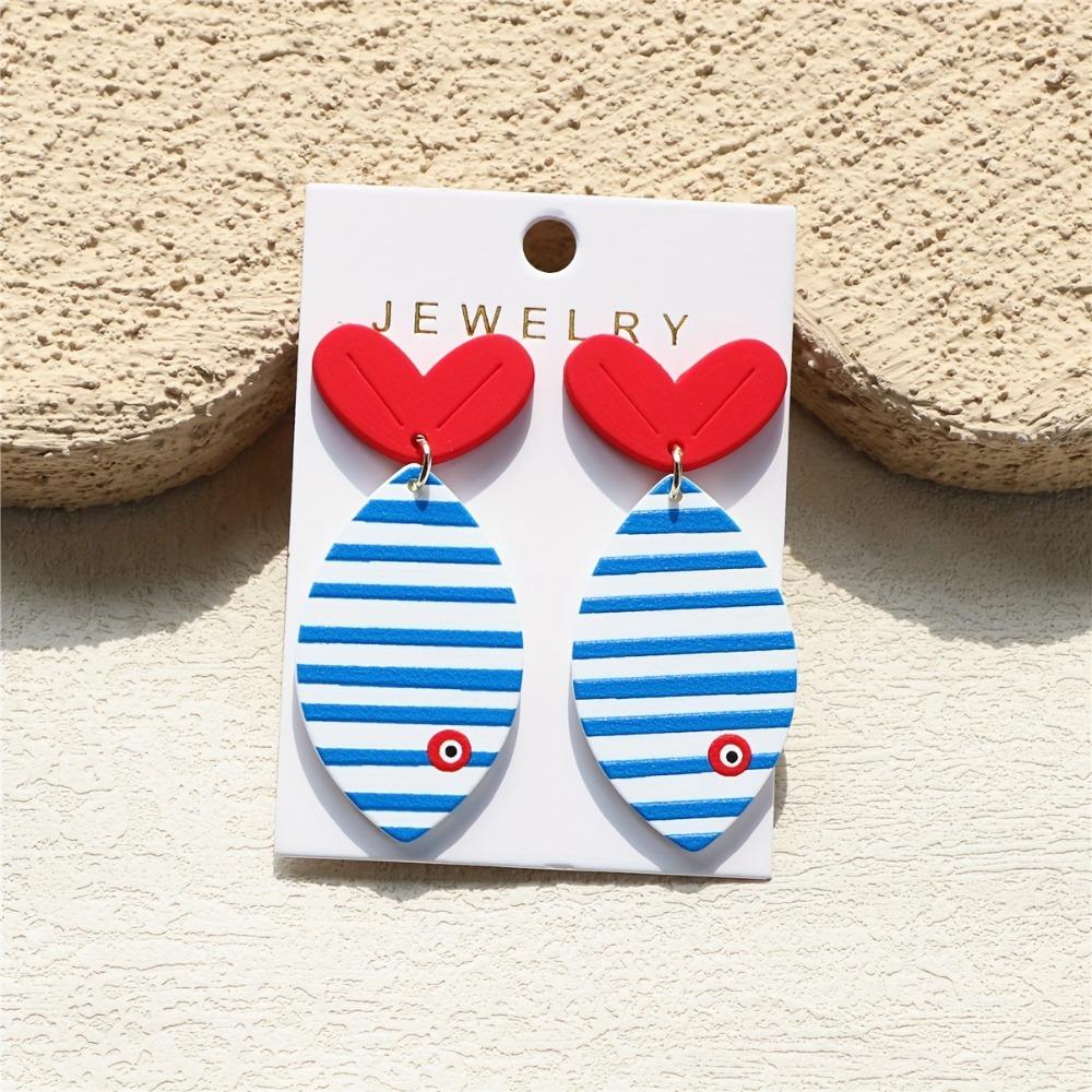 Creative Cartoon Ocean Blue Striped Printed Fish Red Heart Stainless Steel Ear Hook Dangle Earrings for Women Cute Trend Jewelry