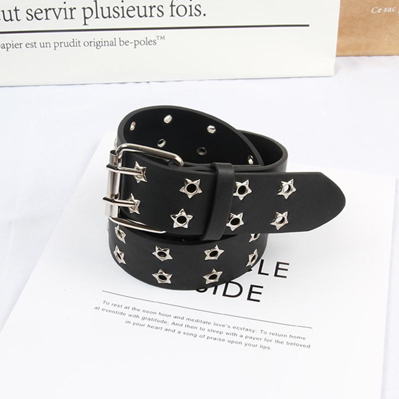 

Женский ремень-цепочка в стиле панк, регулируемый двойной люверс с металлической пряжкой, кожаный пояс для джинсов чёрный