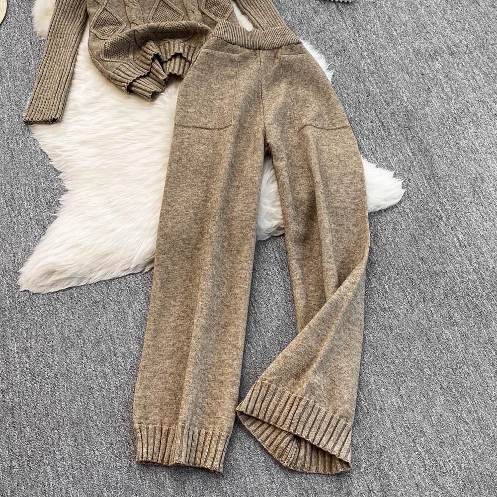 New Loose Knit Fried Dough Twists Sweater Suit Women's Winter High Waist Slim Straight Wide Leg Pants Two-piece Set