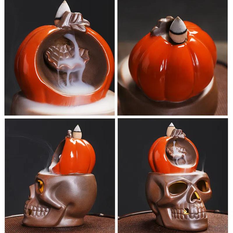 Skull Pumpkin LED Light Backflow Censer Ceramic Craft Creative Halloween Gift with Mesmerizing Skull Table Decoration