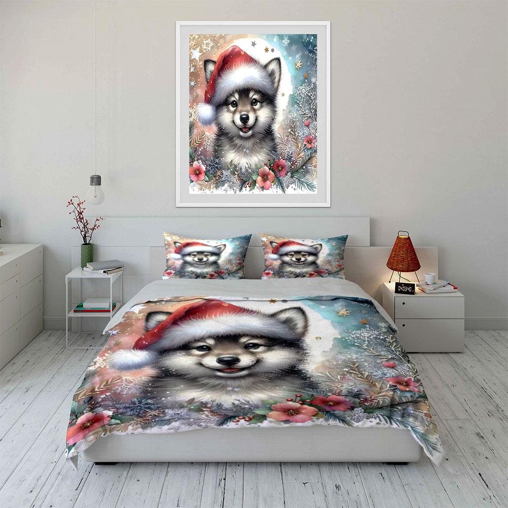 Cute Christmas Puppy with Flowers Bedding Duvet Cover Set Duvet Cover Pillowcases  (1*Duvet Cover 2*Pillowcases, Without Duvet Insert)
