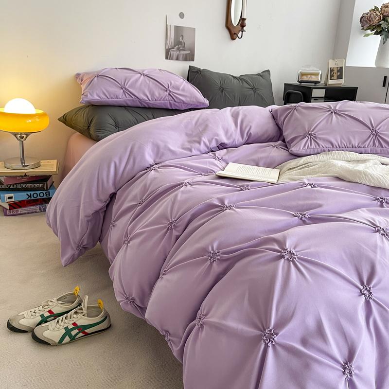 

INS Advanced Grey Bedding Sets Solid Color Washed Cotton Princess Style Kawaii Soft Sheet Woman Duvet Cover Pillow Quilt Cover Single150x200 3pcs фиолетовый