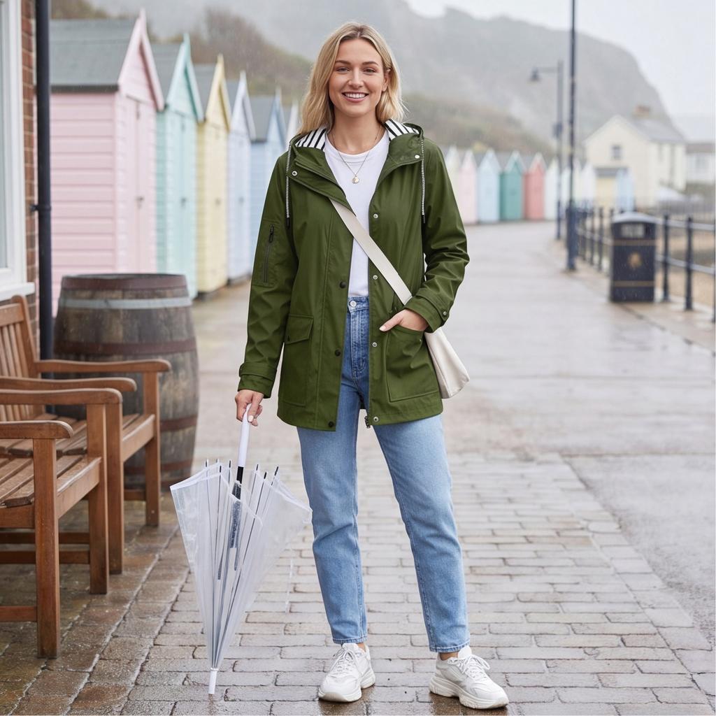 Women's Fashion Solid Color Hooded Loose Casual Waterproof Outdoor Jacket Lightweight Windbreaker Raincoat for Hiking Camping
