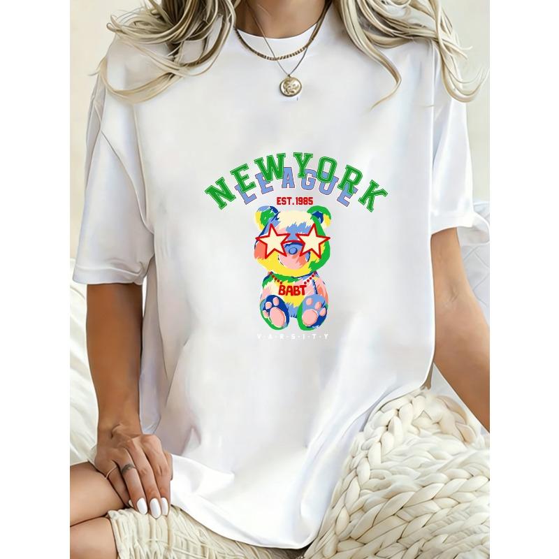 Oversized T-Shirt Black New York Bear Graphic Print With Stars And Text For Casual Wear