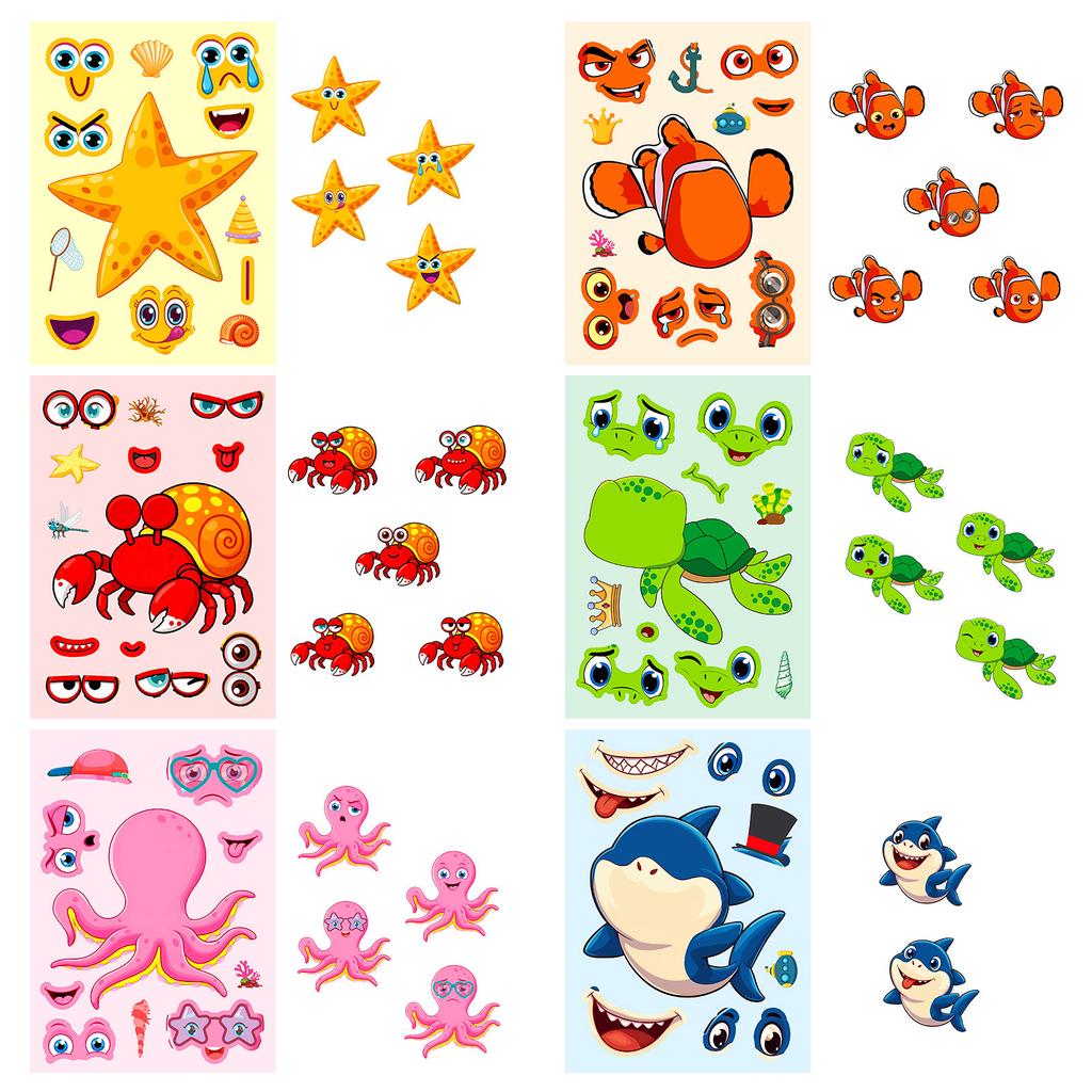 6/12 Pcs Large New Marine Life Puzzle Make A Face Stickers for Stationery Box Laptop Wall Notebook DIY Game Decals