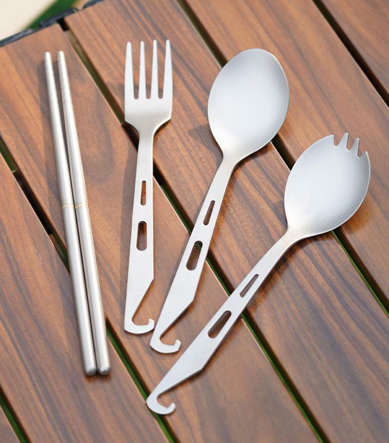 2 In 1 Outdoor Titanium Spoon Fork Spork Camping Tableware With Bottle Opener Portable Hiking Picnic Spoon Fork For Travelling
