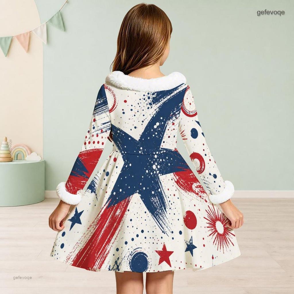 Girls Furry High Neck Long Sleeve Bow Waist Printed Red Blue White Star A Line Flared Dress