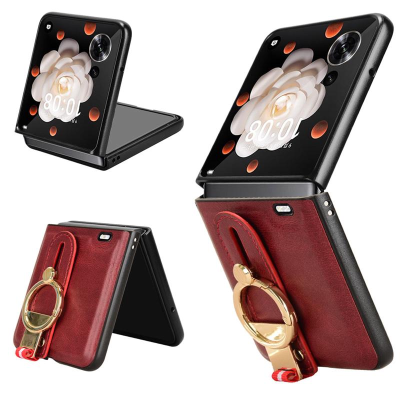 For Honor Magic V Flip Wrist Strap Ring Bracket Phone Holder Case For Honor Magic V Flip Leather style Case Drop-Resistant Cover