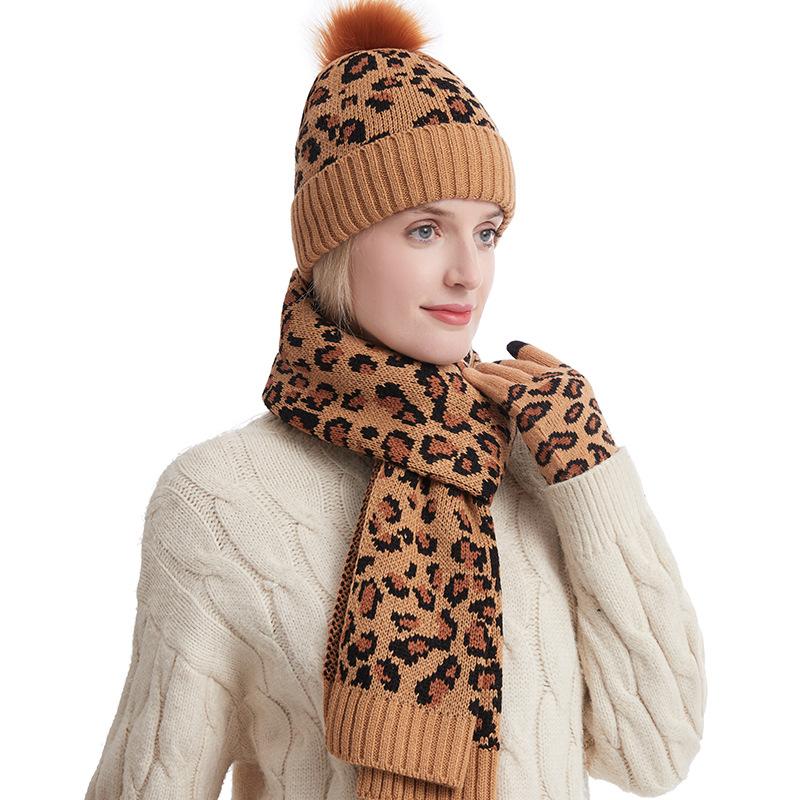 European and American Autumn and Winter Leopard Print Warm Knitted Wool Hat Scarf Gloves Three Piece Set