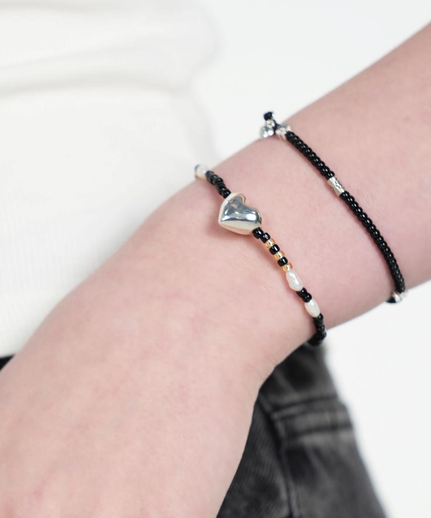 Bonbeau Silver Heart Pearl And Beads Bracelet 925 Silver Chubby Heart Freshwater Pearl Bead Banding Bracelet