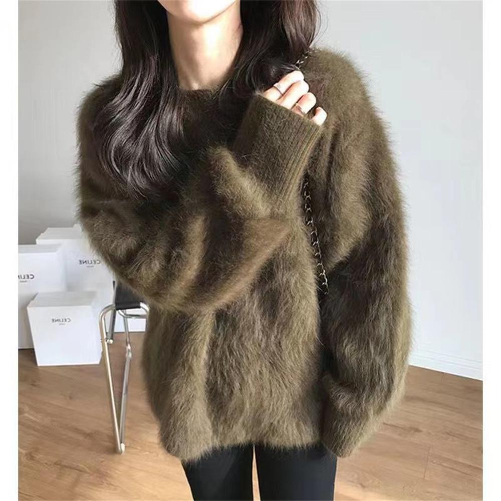 Women Autumn Winter Thick Mink Velvet Knitted Tops Female Round Neck Loose Pullover Ladies Solid Color Sweaters Tops