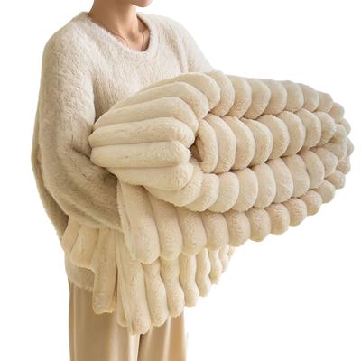 Reversible Faux Rabbit Fur Throw Blanket for Couch 79x47 Inches Thick Bubble Blanket for Sofa Bedroom Living Room Decor