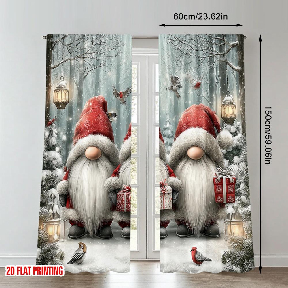2pcs 2D flat printing Happy Christmas Party Curtains Christmas Gnomes Forest Lanterns Digital Printed Polyester Drapes Holiday