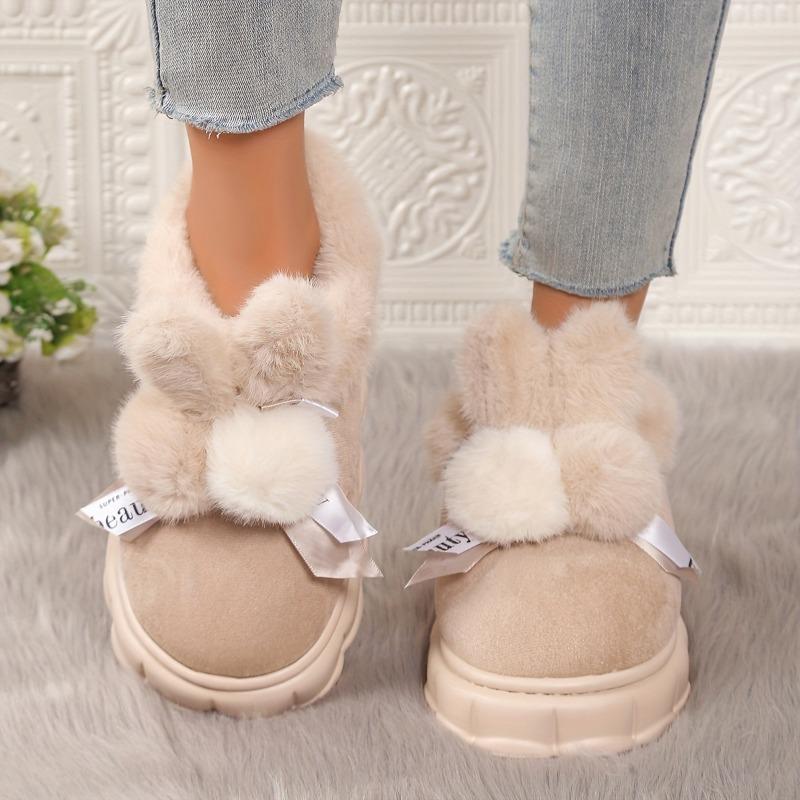Thick Bottom Bow Rabbit Plush Cotton Shoes Household Women Home Simple Warm Snow Boots Anti-slip