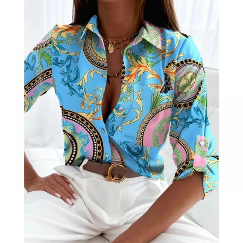 1116 European and American women's spring and autumn tops, long-sleeved shirts, printed shirts, women
