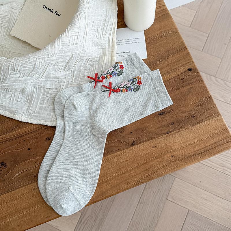 Sock - Spring/Summer Lightweight Printed Flowery Padded Stockings with Butterfly Knots - Mid-Calf Cotton Stockings for Country Style Long Trousers