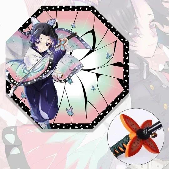 Demon Slayer Katana Umbrella Long Handle UV Blocking Black Parasol Kochou Shinobu Japanese Katana Sword Umbrella Anime Raincoa