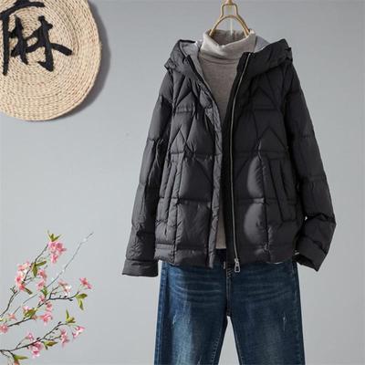 Light Down Jacket Women's Short Hooded Zipper Loose Straight Tube Autumn Winter White Duck Down Coat Solid Color