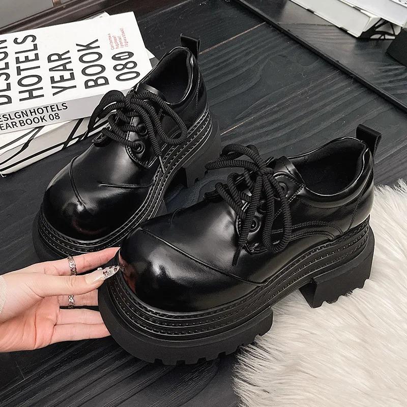 Women Mary Janes Shoes Fashion Lace Up 7.5CM Platform Pumps Elegant Thick Heel Shoes Retro British Style Loafers Platform Shoes