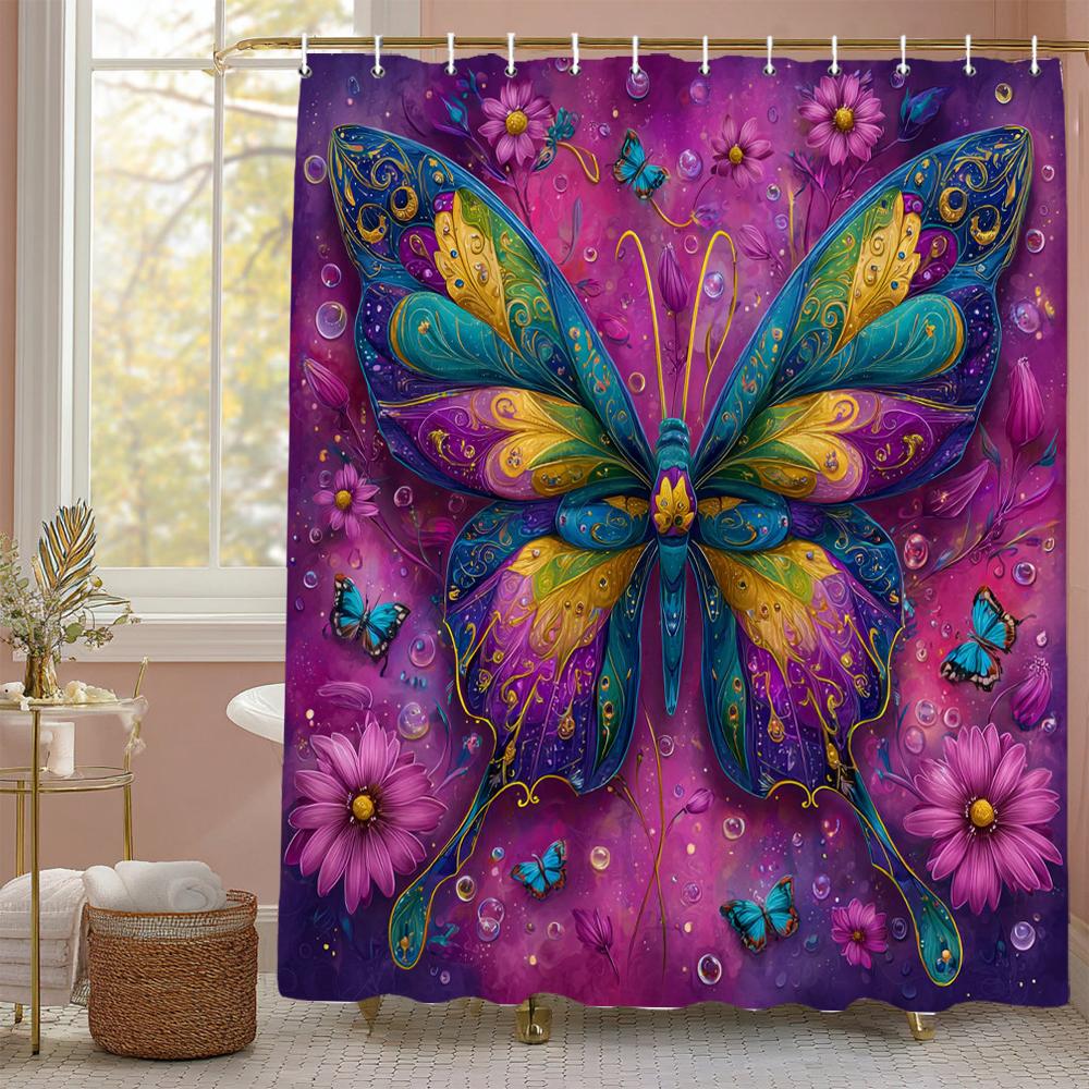Beautiful pink butterfly pattern Shower Curtain,flowers Shower Curtain,Printed polyester fabric Bathroom Decoration Curtain