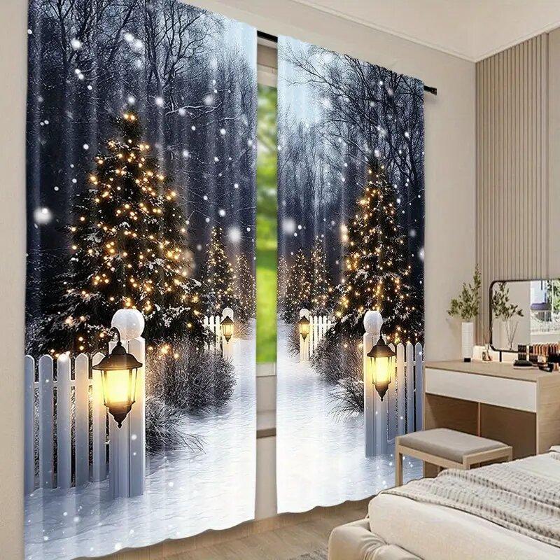Christmas Snow Scene Printed Pole Bag Curtains Bedroom Living Room Decoration Home Curtain Set Of 2 Made Polyester Washable Ready