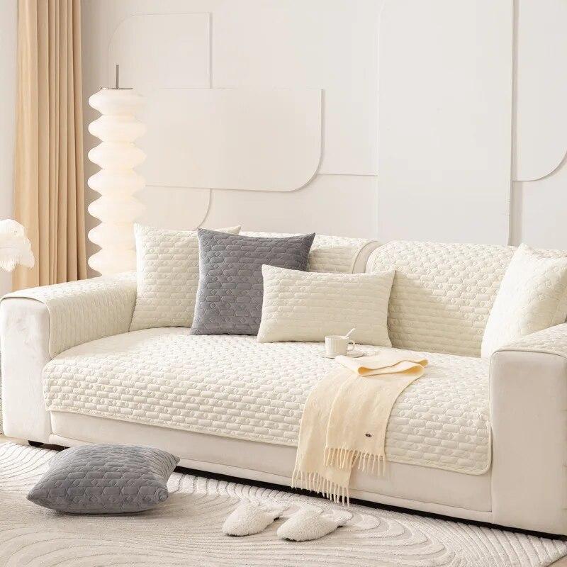 Solid Color Velvet Quilted Couch Cover for Living Room Winter Warm Plush Sofa Towel Anti-slip Sofa Cover Embroidery Slipcovers