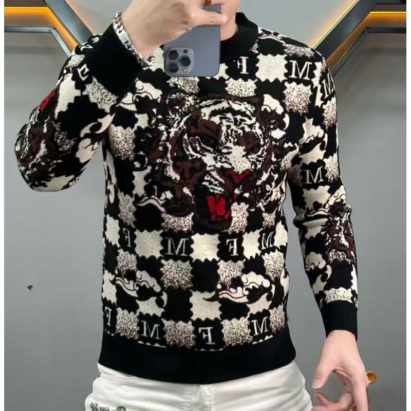 Trendy European American Style Men s Round Neck Jacquard Knit Sweater 48