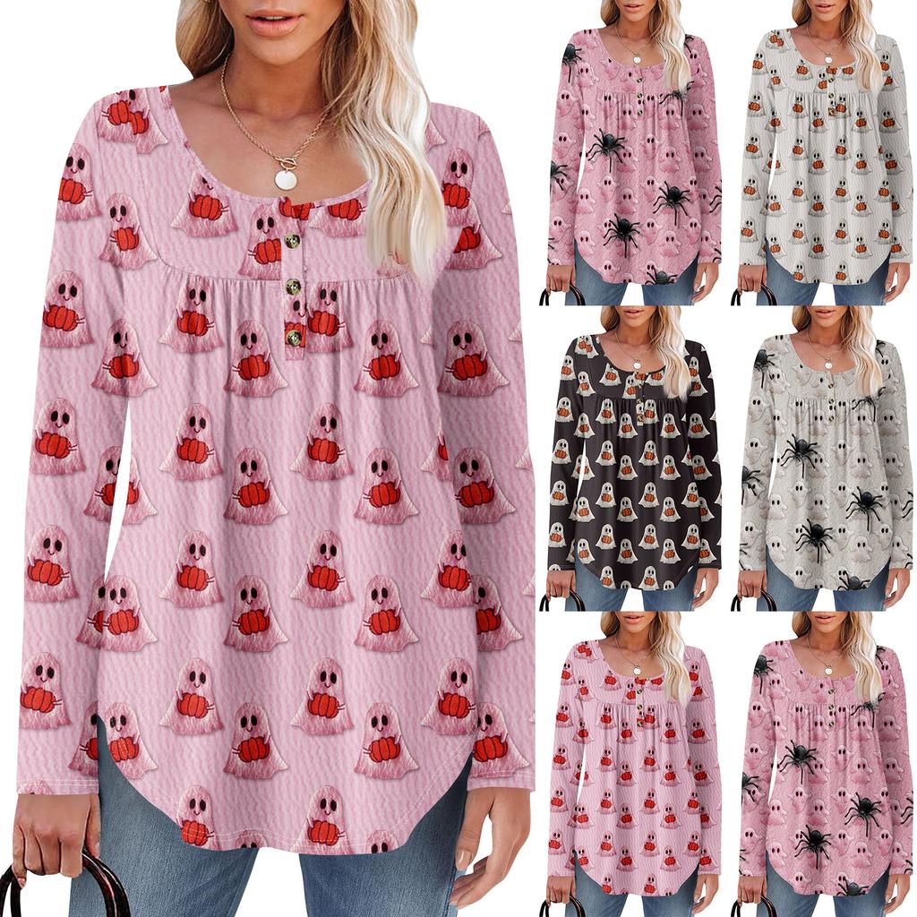 Dame Langermet Tunika Løse Topper Casual Oversized Topper Plissert Tunika Knapper Ned Casual Dame Print Topper