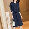 Spring Autumn Lapel Knit Dress Women's Long Loose Tie Sweater Dresses