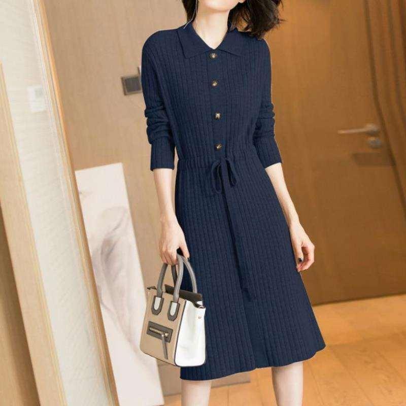 Spring Autumn Lapel Knit Dress Women's Long Loose Tie Sweater Dresses