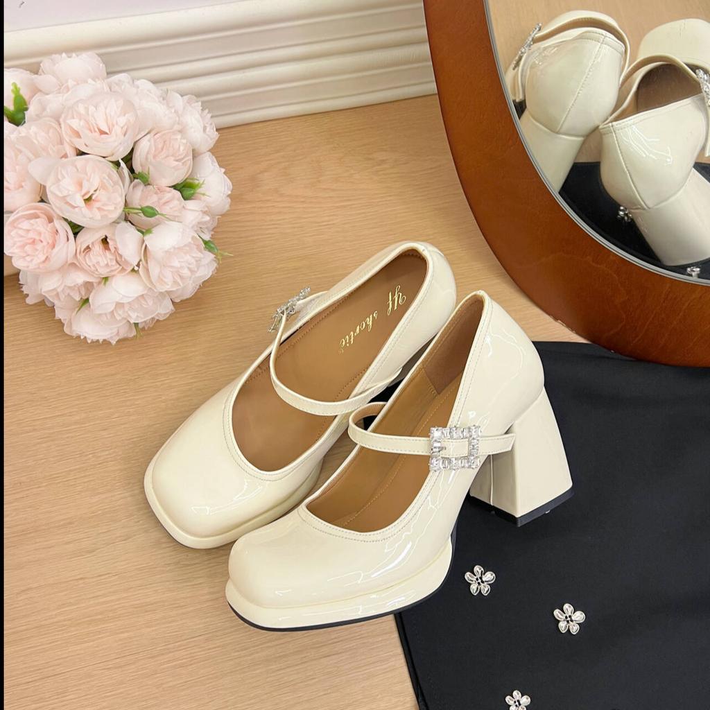 Fairy Wind Word with Rhinestone Mary Jane Shoes 2025 Spring New Versatile Thick Heel High Heels Patent Leather Single Shoes Women