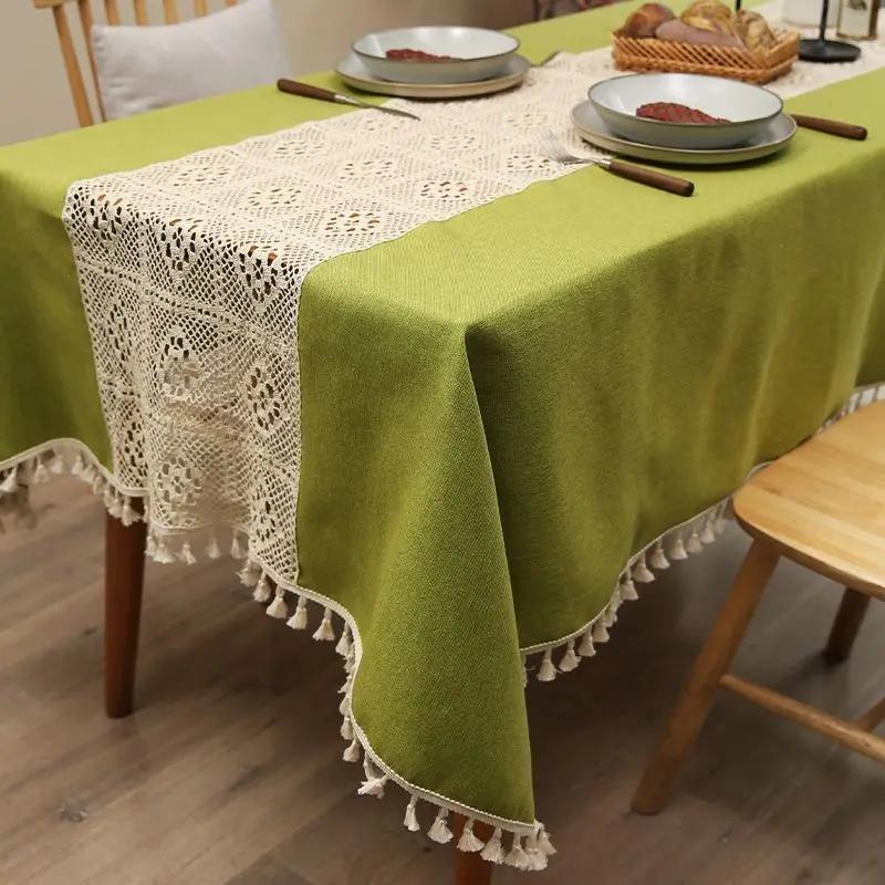 Mantel de Algodón Lino Patchwork Encaje Ganchillo Calado Francés Cuadros Mantel para Mesa de Té Decorativo Borla Verde Cubierta de Mesa
