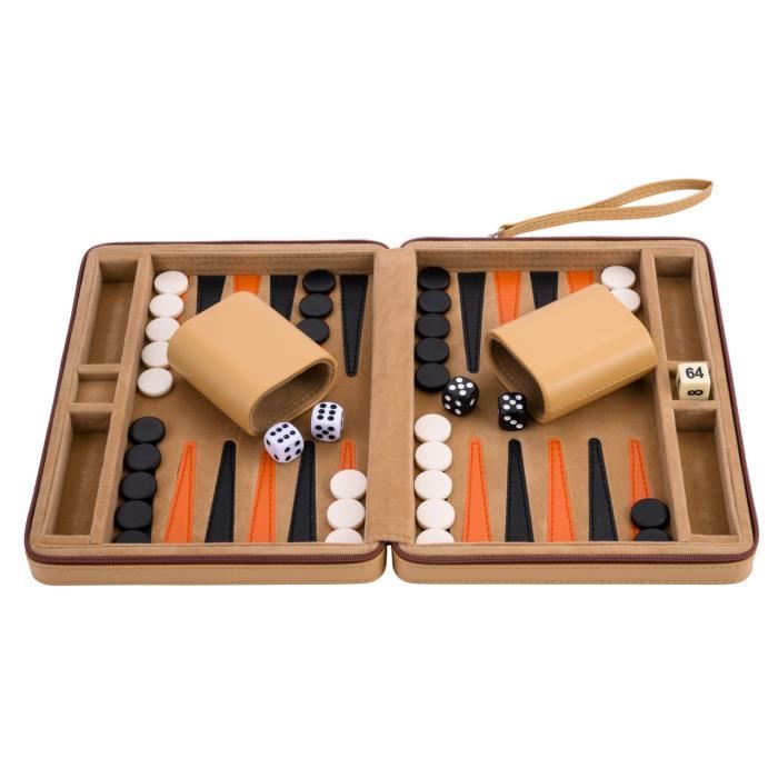 Pochette de jeu Backgammon de voyage 9" Similicuir rouge - fermeture Zip - Interieur feutré: beige/orange/noir - 250501