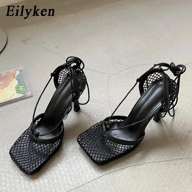 Fashion Eilyken Summer Autumn Sexy Mesh Pumps Sandals Female Square Toe High Heel Lace Up Cross-tied Stiletto Hollow Dress Stripper Shoe