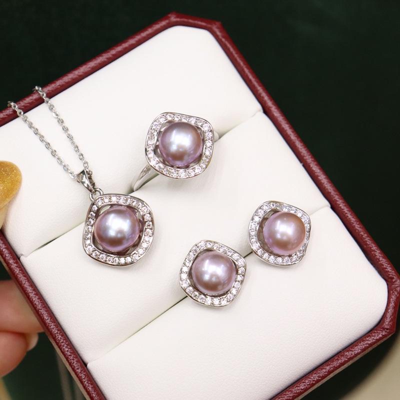 Elegant 8-9mm Freshwater Pearl Necklace, Silver Stud Earrings, and Ring Set for Women