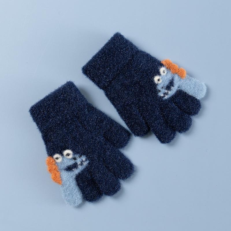 Children's wool gloves Primary school students autumn and winter outdoor riding cute cartoon dinosaur knitted warm finger gloves