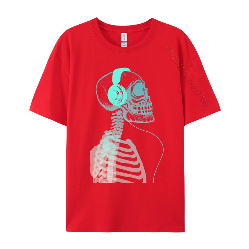 Skeleton Listening To Music With Headphones On His Skull T Shirt Black Vintage T-Shirt Pure Cotton Unique Camisas Hombre